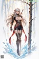 A woman in elaborate armor stands in a forest, holding a sword.