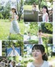 A collage of photos of a young woman in a white dress.