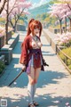 A woman in traditional attire holds a sword, standing on a path with cherry blossoms.